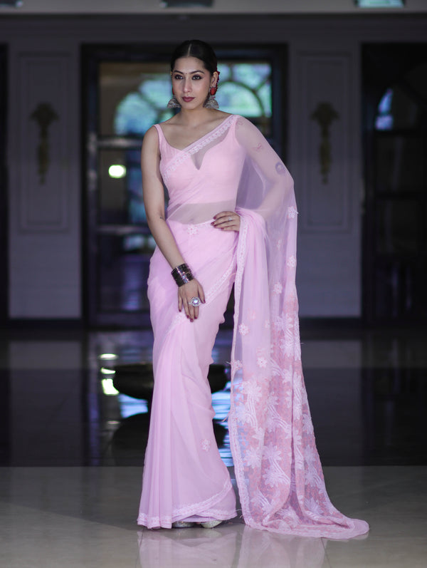 Banarasee Handwoven Georgette Saree With Chikankari Work-Light Pink