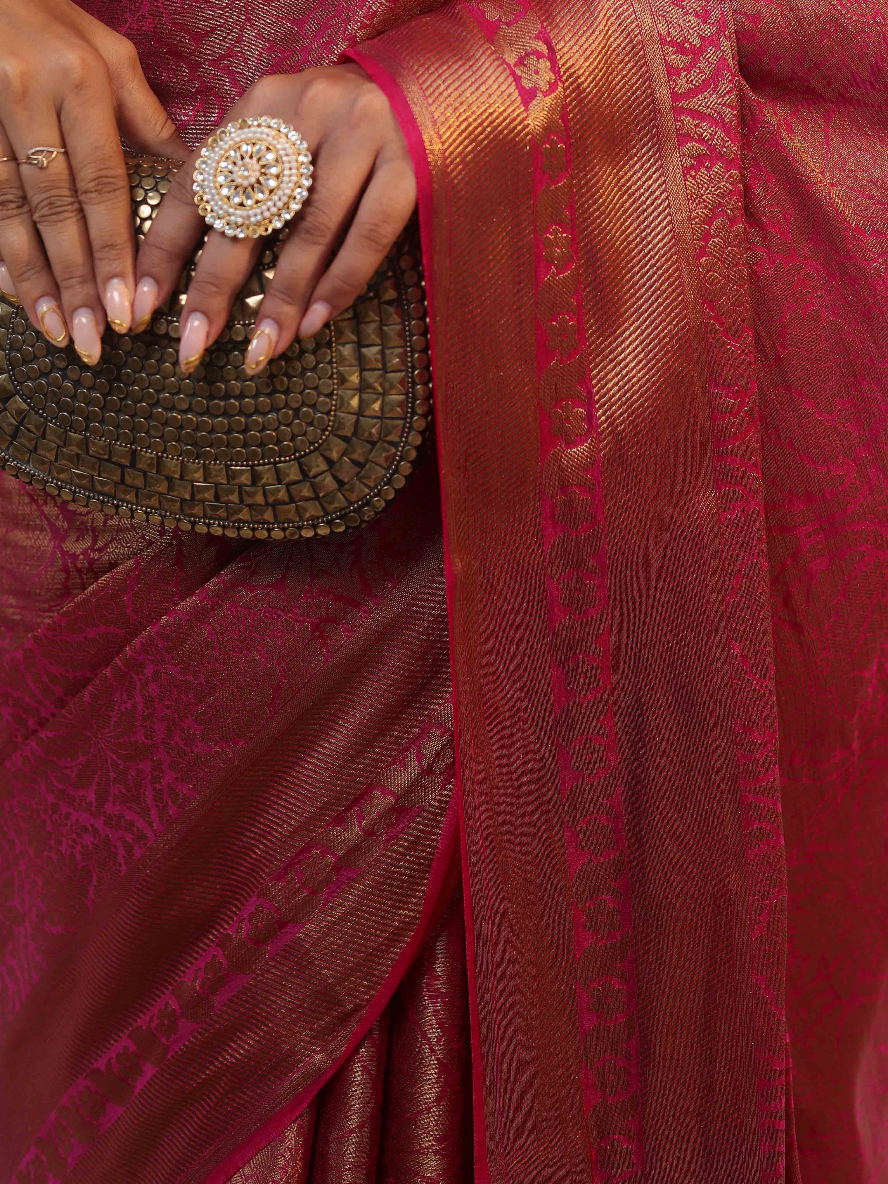 Banarasee Handwoven Semi Silk Saree With Zari Jaal Design & Border-Pink