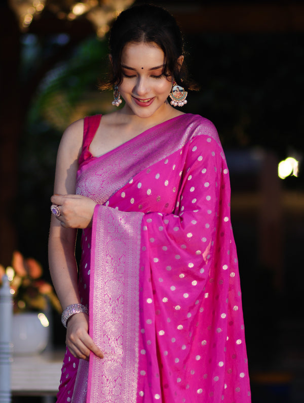 Banarasee Handwoven Chiffon Saree With Polka Dots Design & Border-Pink