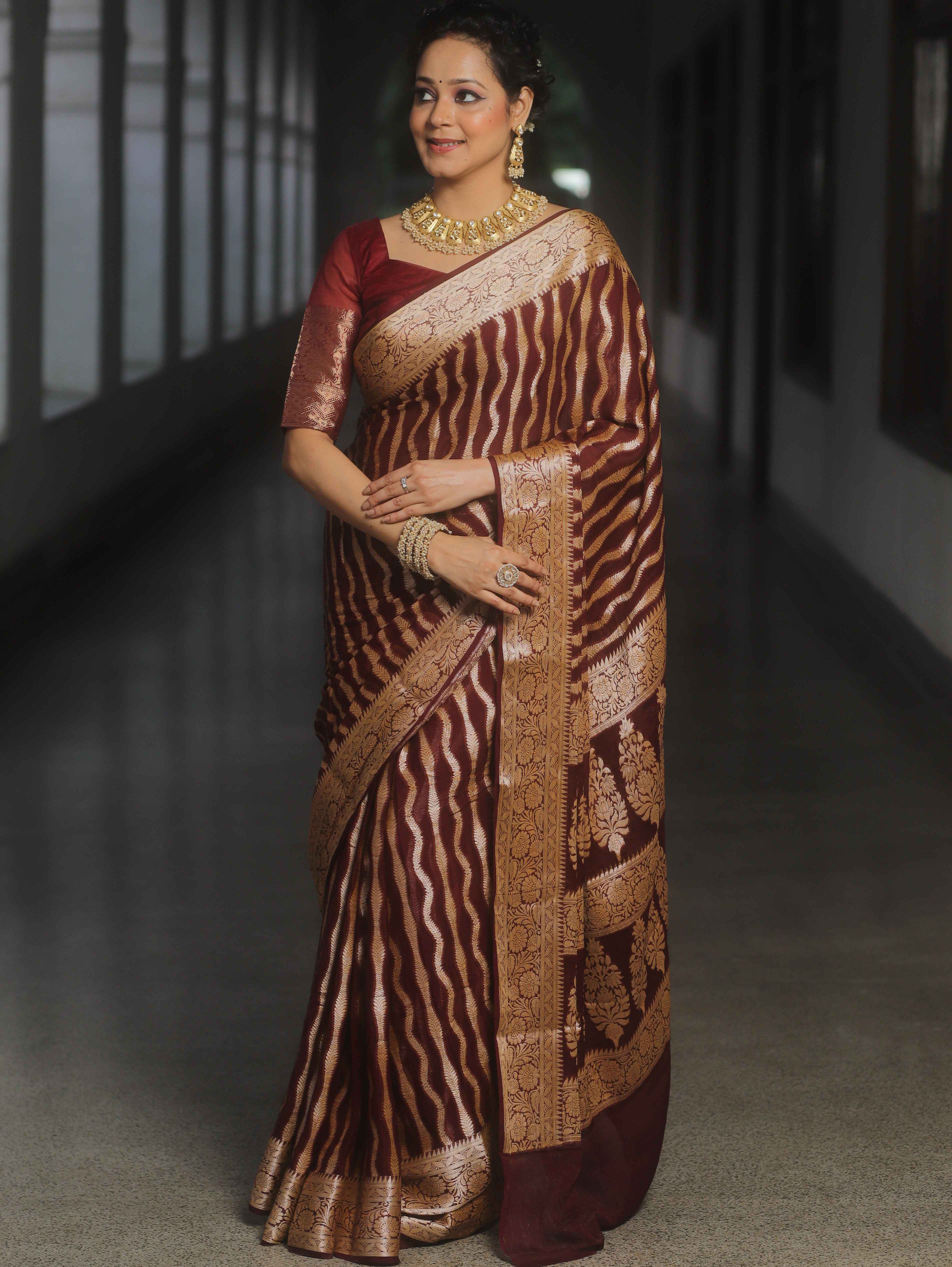 Banarasee Pure Chiffon Saree Zari Jaal Design-Maroon