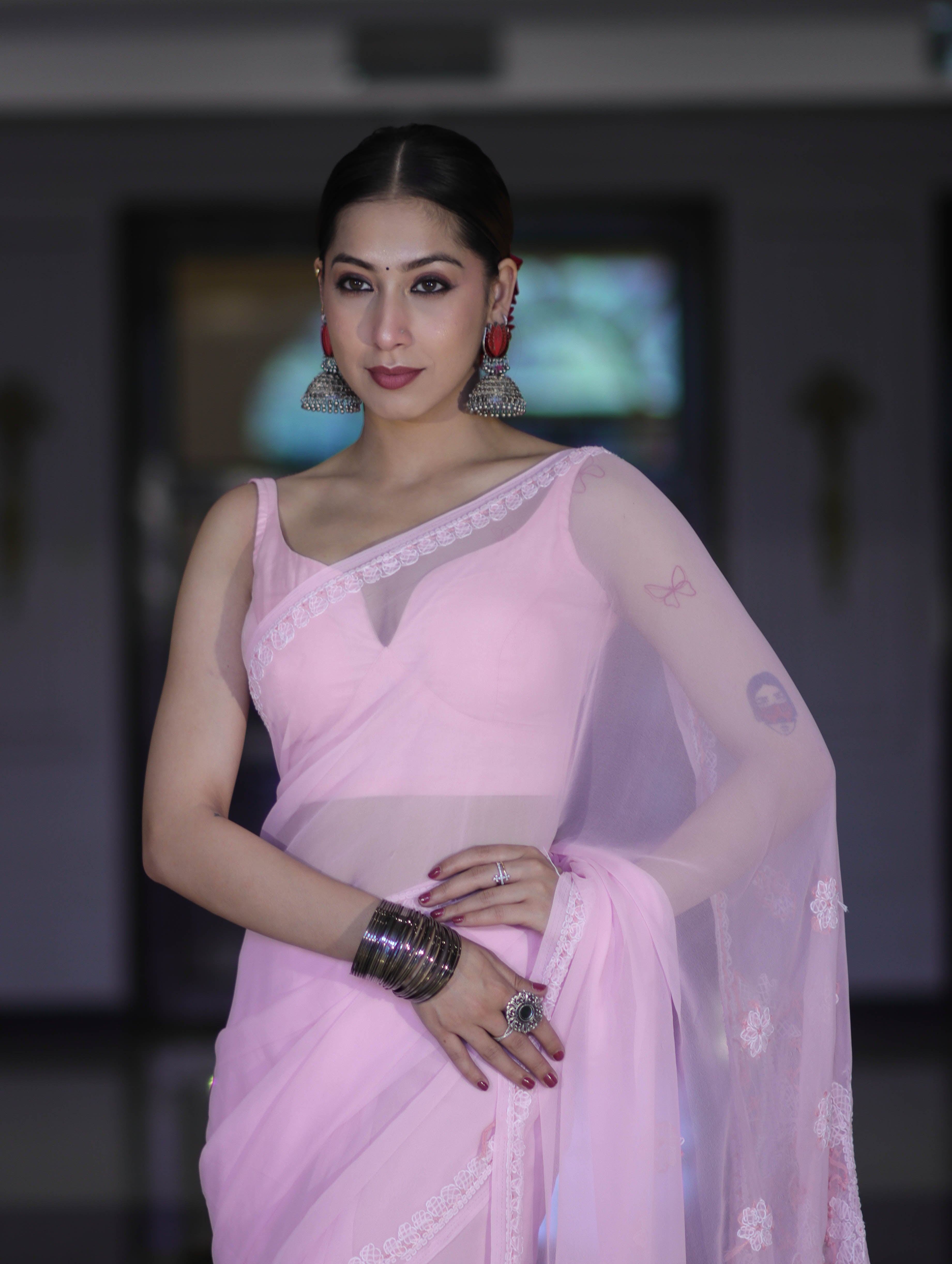 Banarasee Handwoven Georgette Saree With Chikankari Work-Light Pink