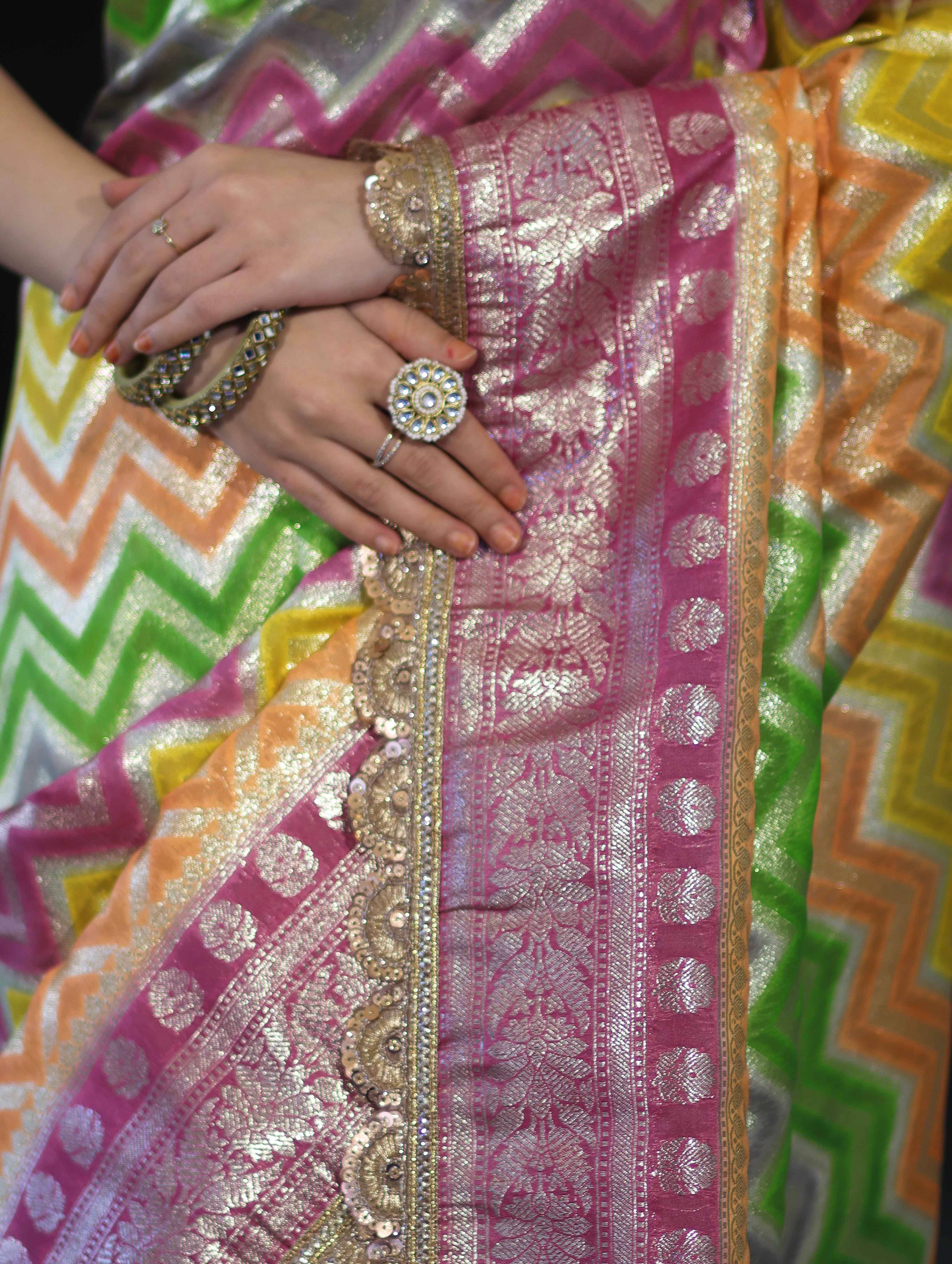 Banarasee Handwoven Faux Georgette Saree With Zigzag Pattern Zari Design Border & Lace-Multicolor