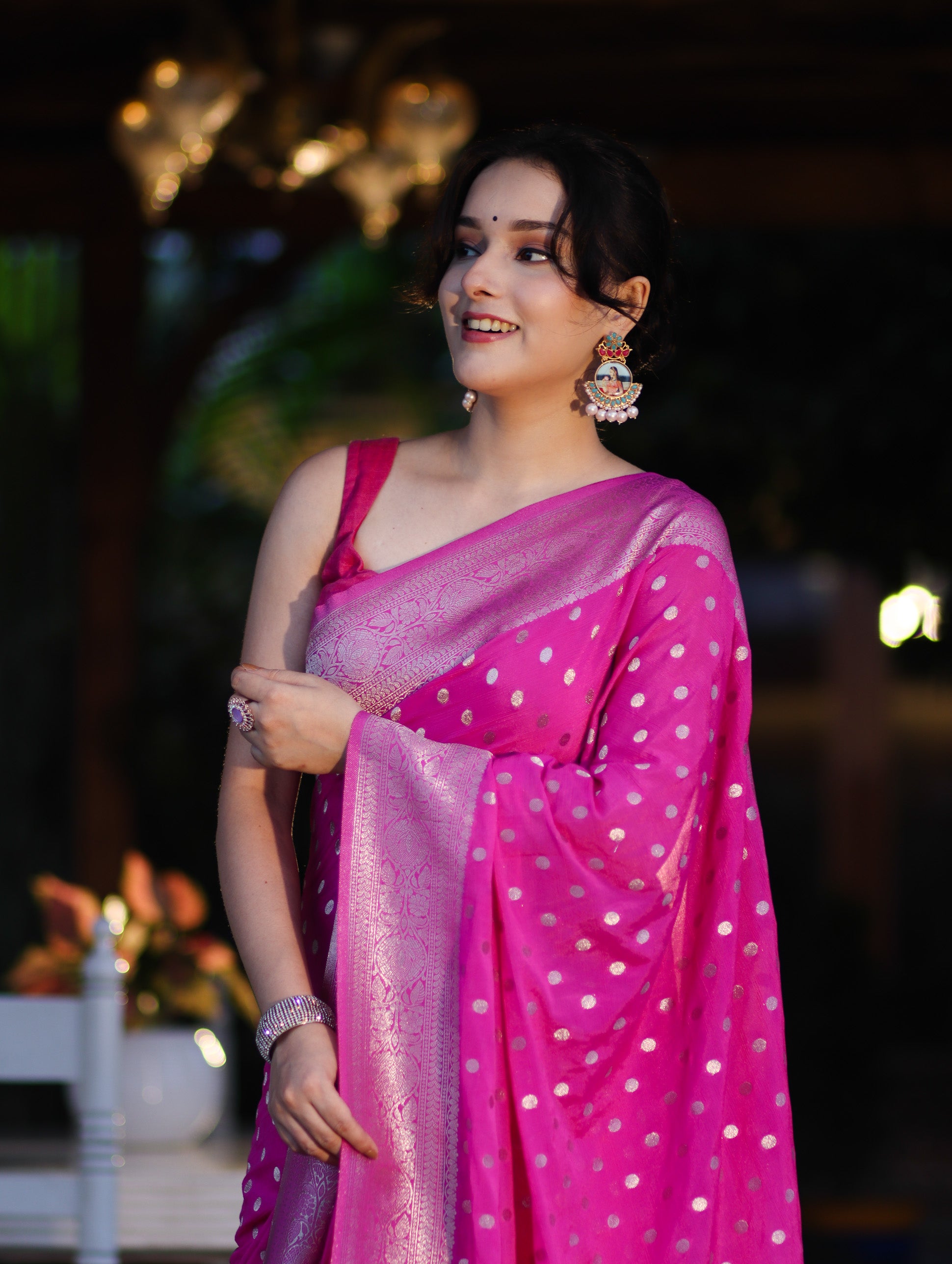 Banarasee Handwoven Chiffon Saree With Polka Dots Design & Border-Pink