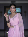 Banarasee Handwoven Georgette Saree With Chikankari Work-Light Pink