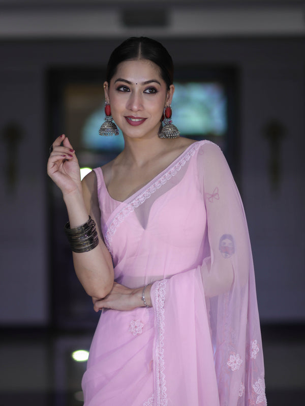 Banarasee Handwoven Georgette Saree With Chikankari Work-Light Pink