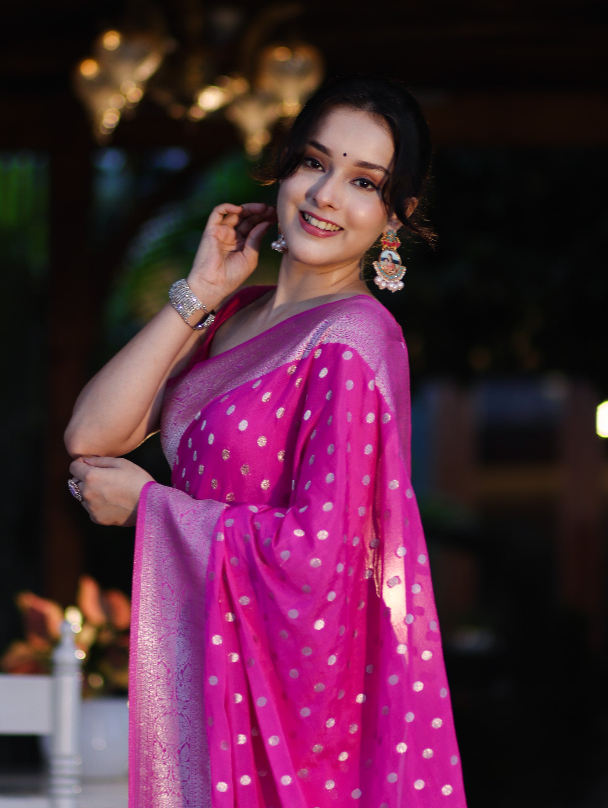 Banarasee Handwoven Chiffon Saree With Polka Dots Design & Border-Pink