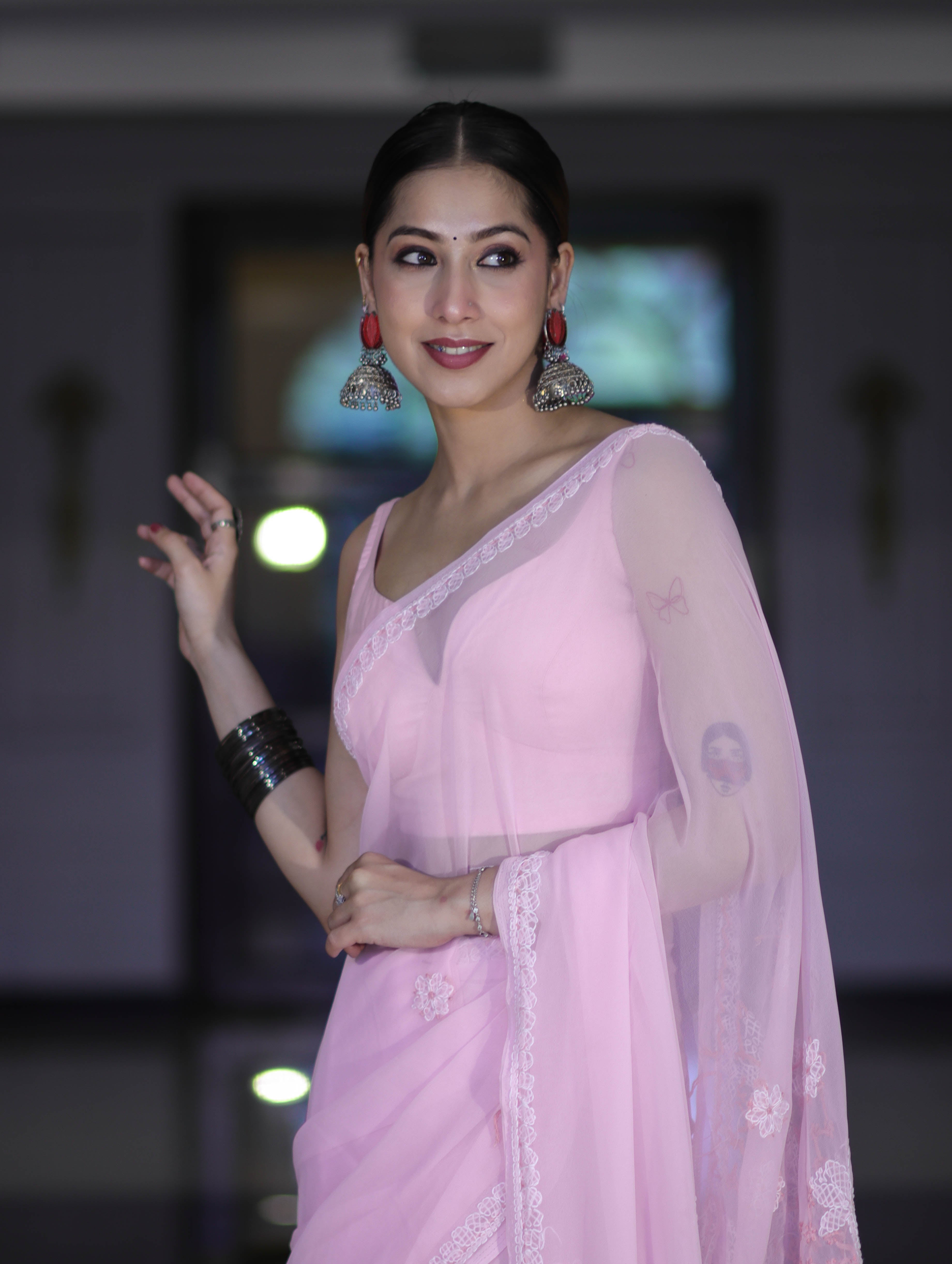 Banarasee Handwoven Georgette Saree With Chikankari Work-Light Pink