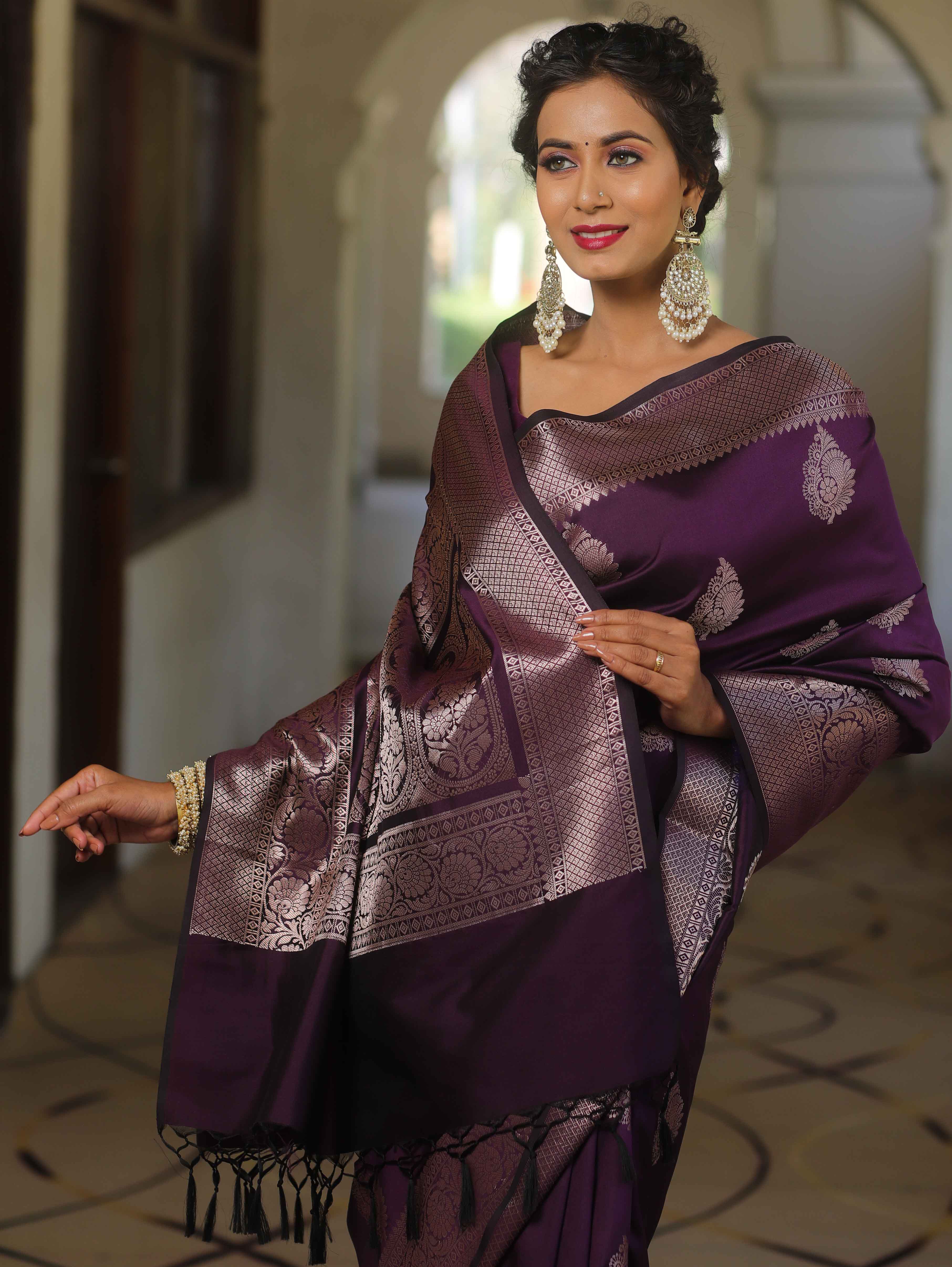 Banarasee Handwoven Semi Silk Saree With Zari Buti Design-Wine