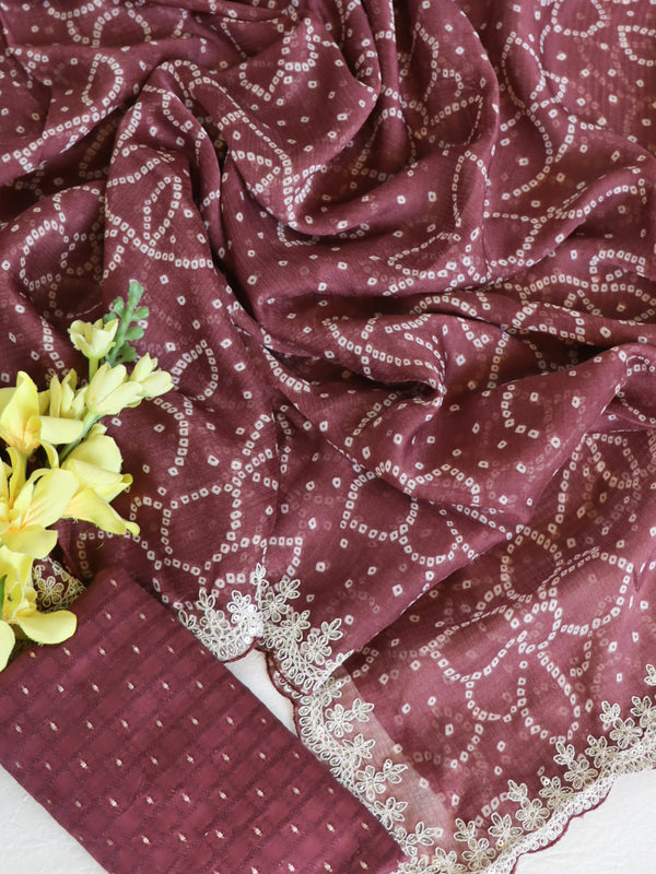 Banarasee Chiffon Bandhani Print Saree With Hand Work-Brown