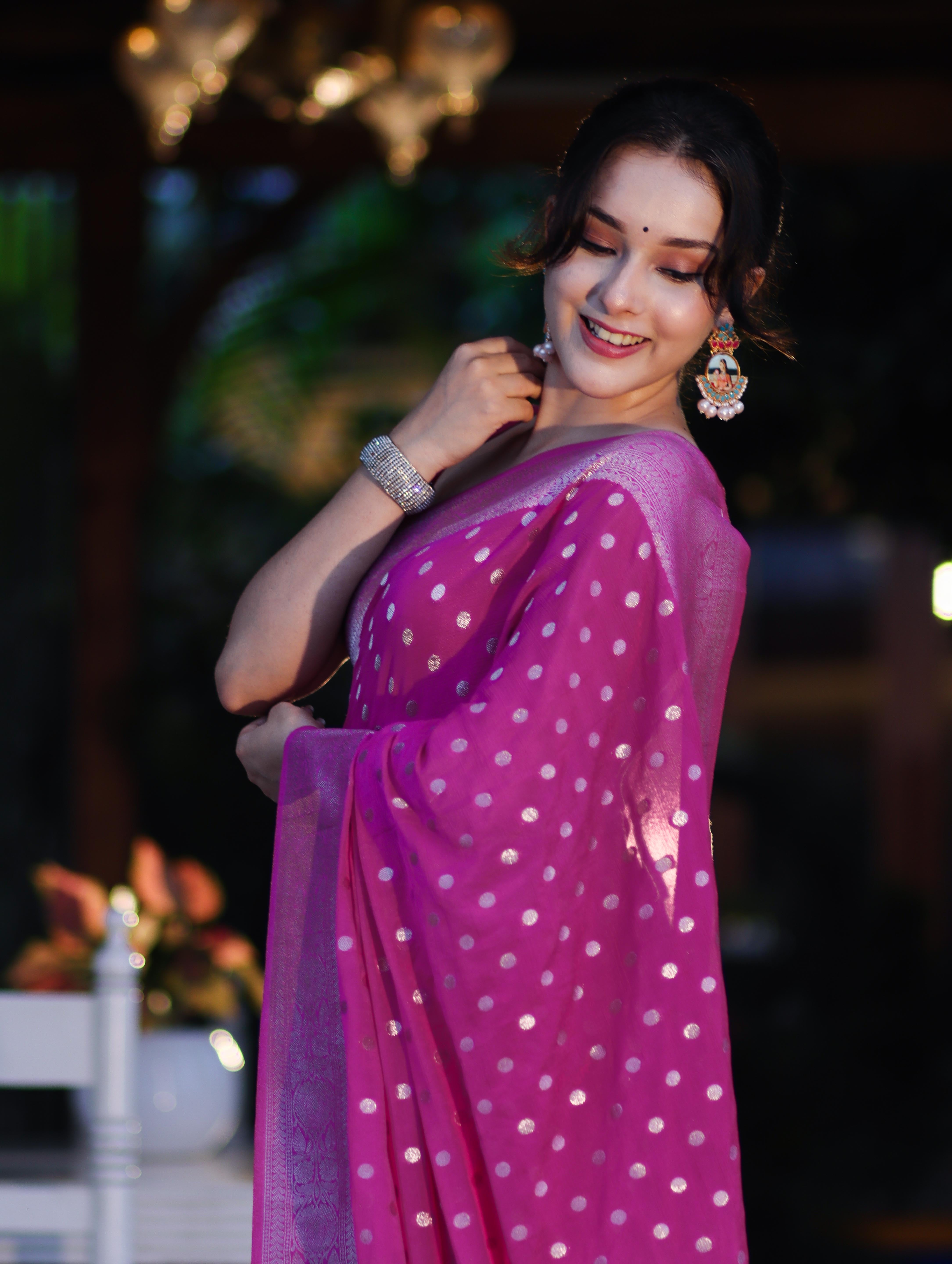 Banarasee Handwoven Chiffon Saree With Polka Dots Design & Border-Magenta