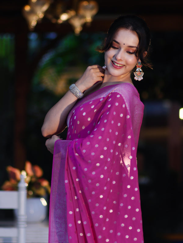 Banarasee Handwoven Chiffon Saree With Polka Dots Design & Border-Magenta