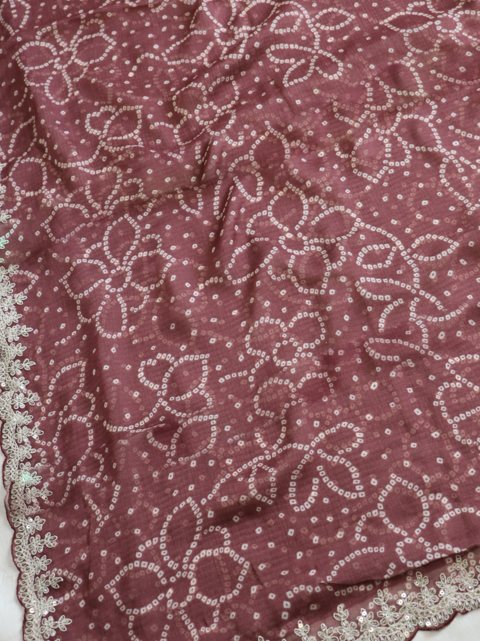Banarasee Chiffon Bandhani Print Saree With Hand Work-Brown