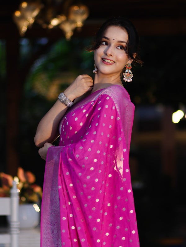 Banarasee Handwoven Chiffon Saree With Polka Dots Design & Border-Pink