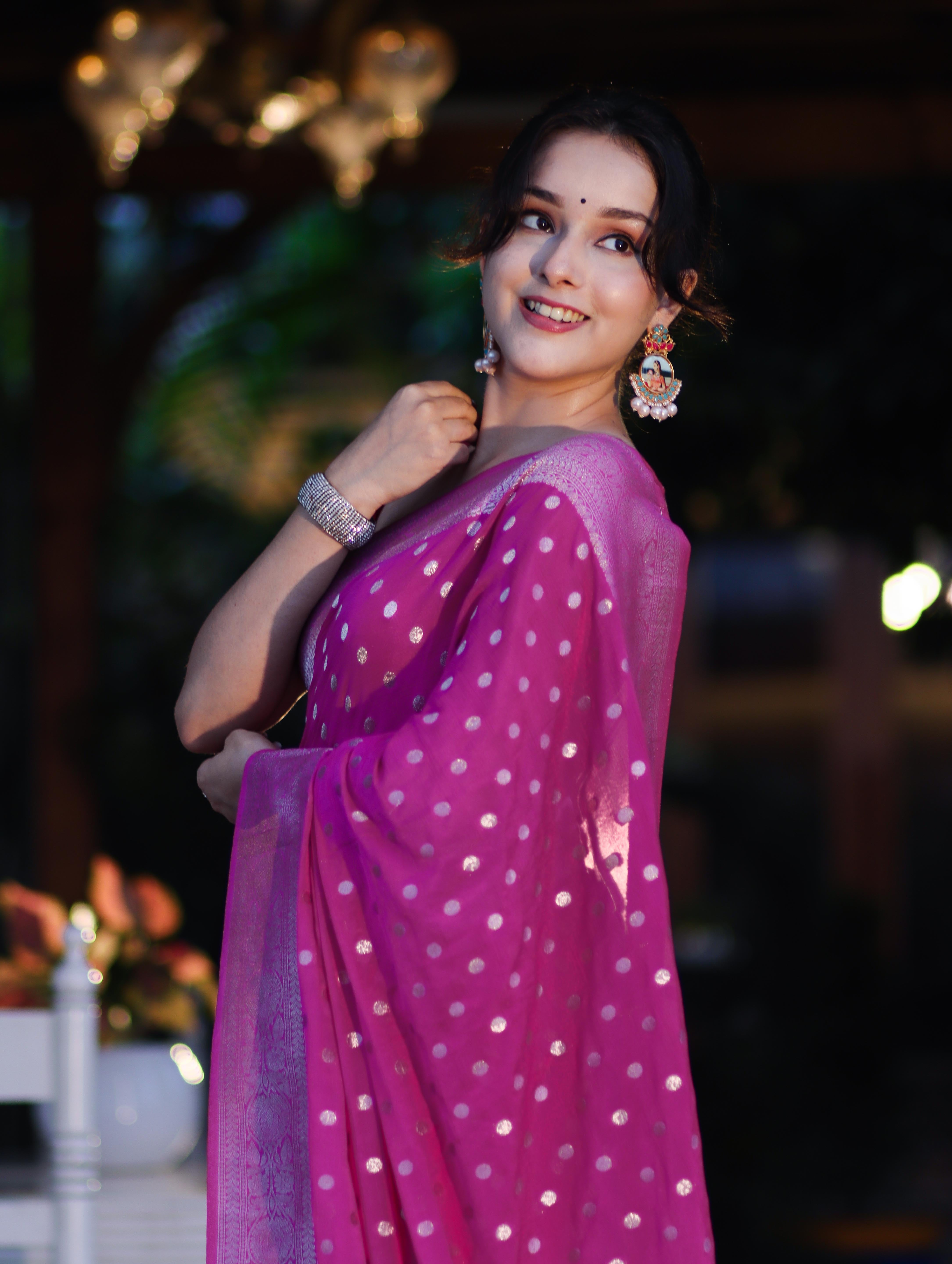 Banarasee Handwoven Chiffon Saree With Polka Dots Design & Border-Magenta