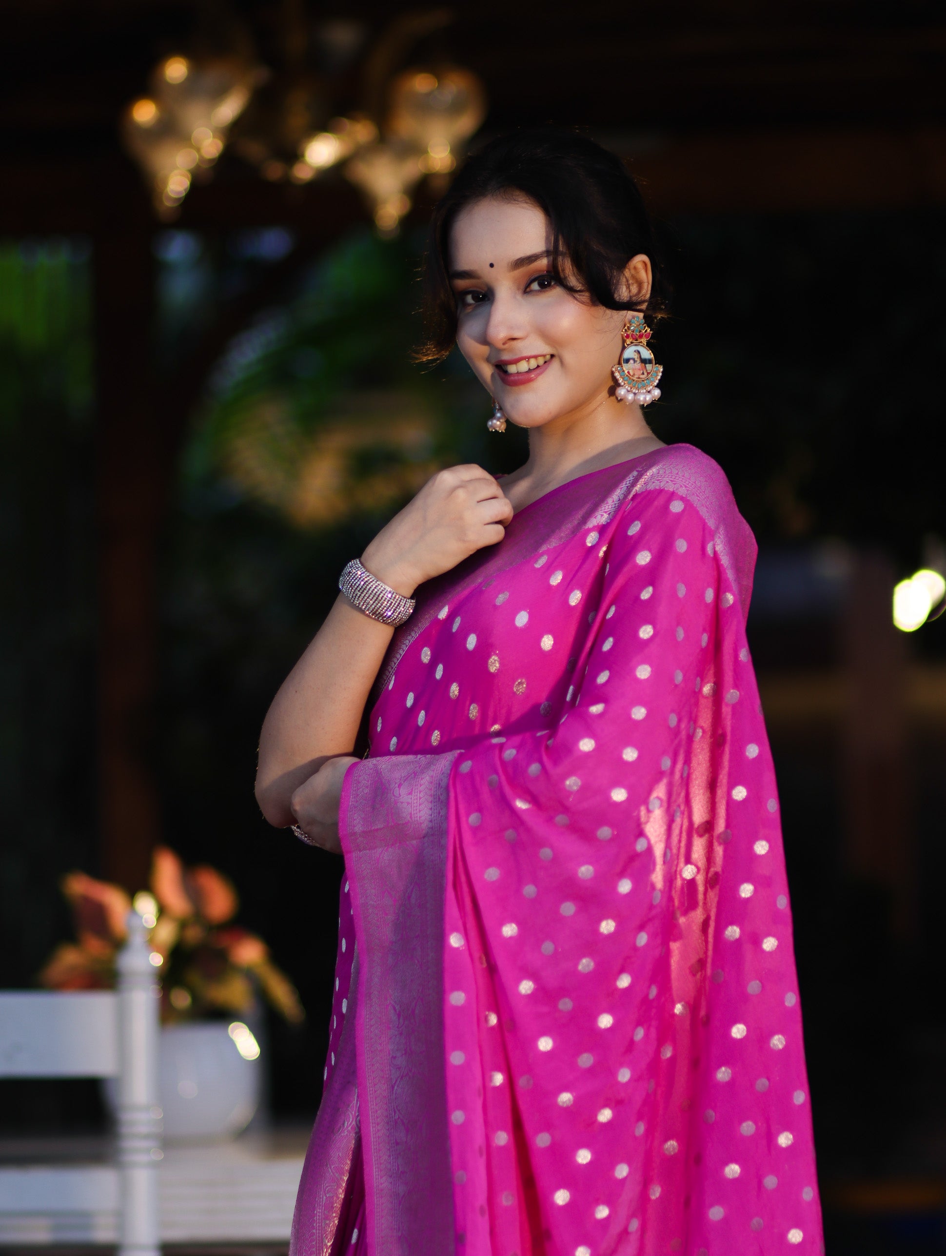 Banarasee Handwoven Chiffon Saree With Polka Dots Design & Border-Pink