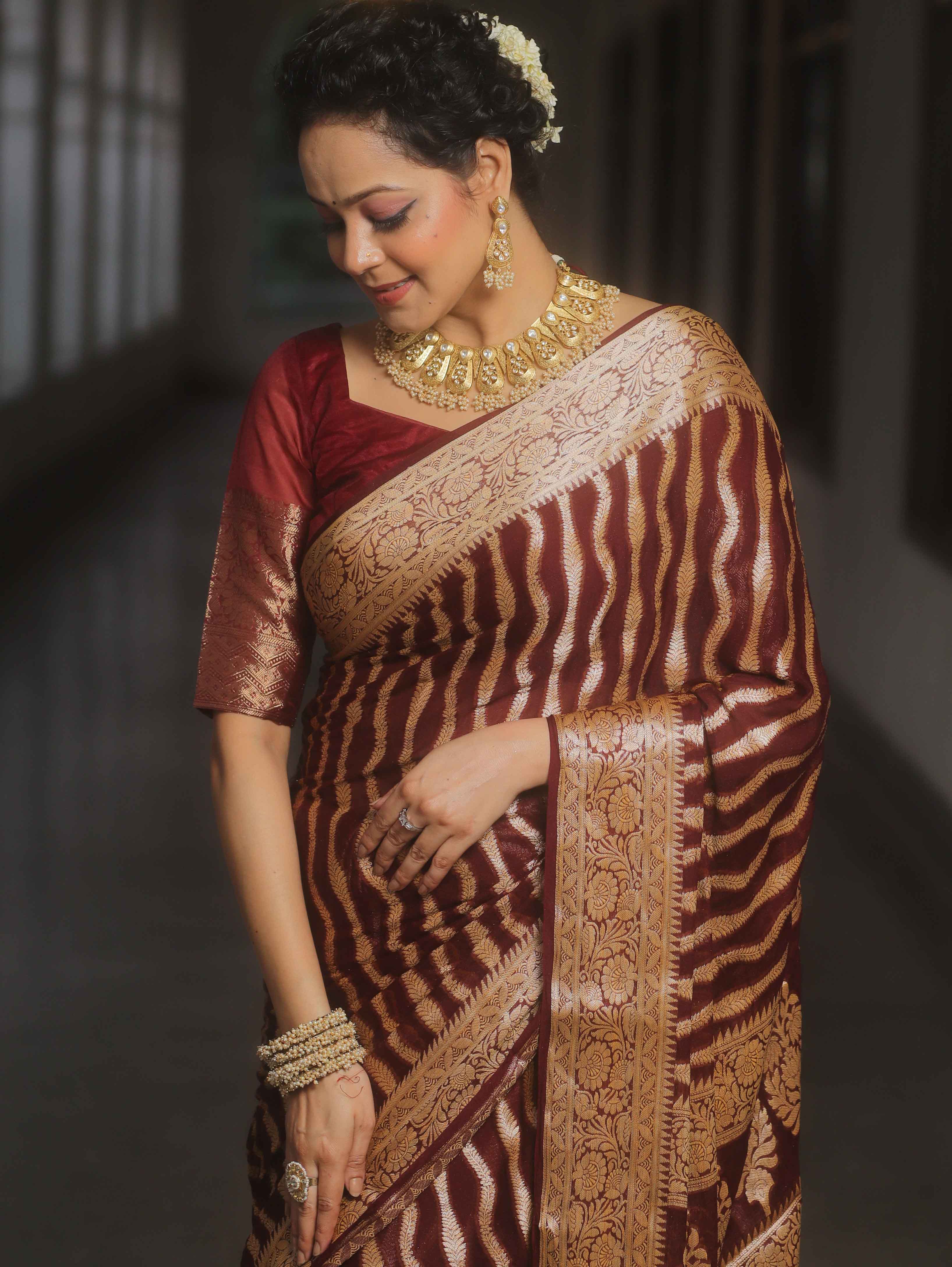 Banarasee Pure Chiffon Saree Zari Jaal Design-Maroon