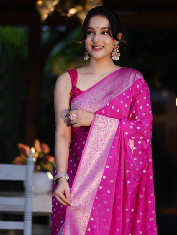 Banarasee Handwoven Chiffon Saree With Polka Dots Design & Border-Pink