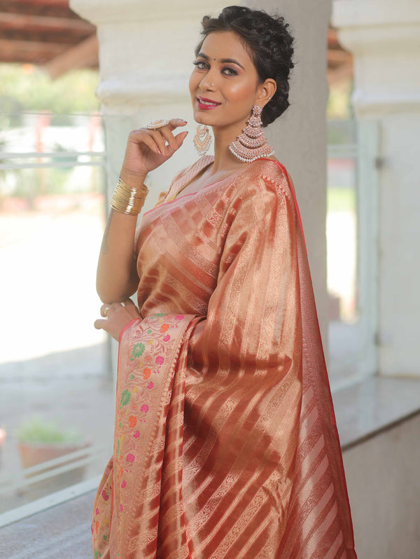Banarasee Handwoven Tissue Saree With Meena Border Design-Rust
