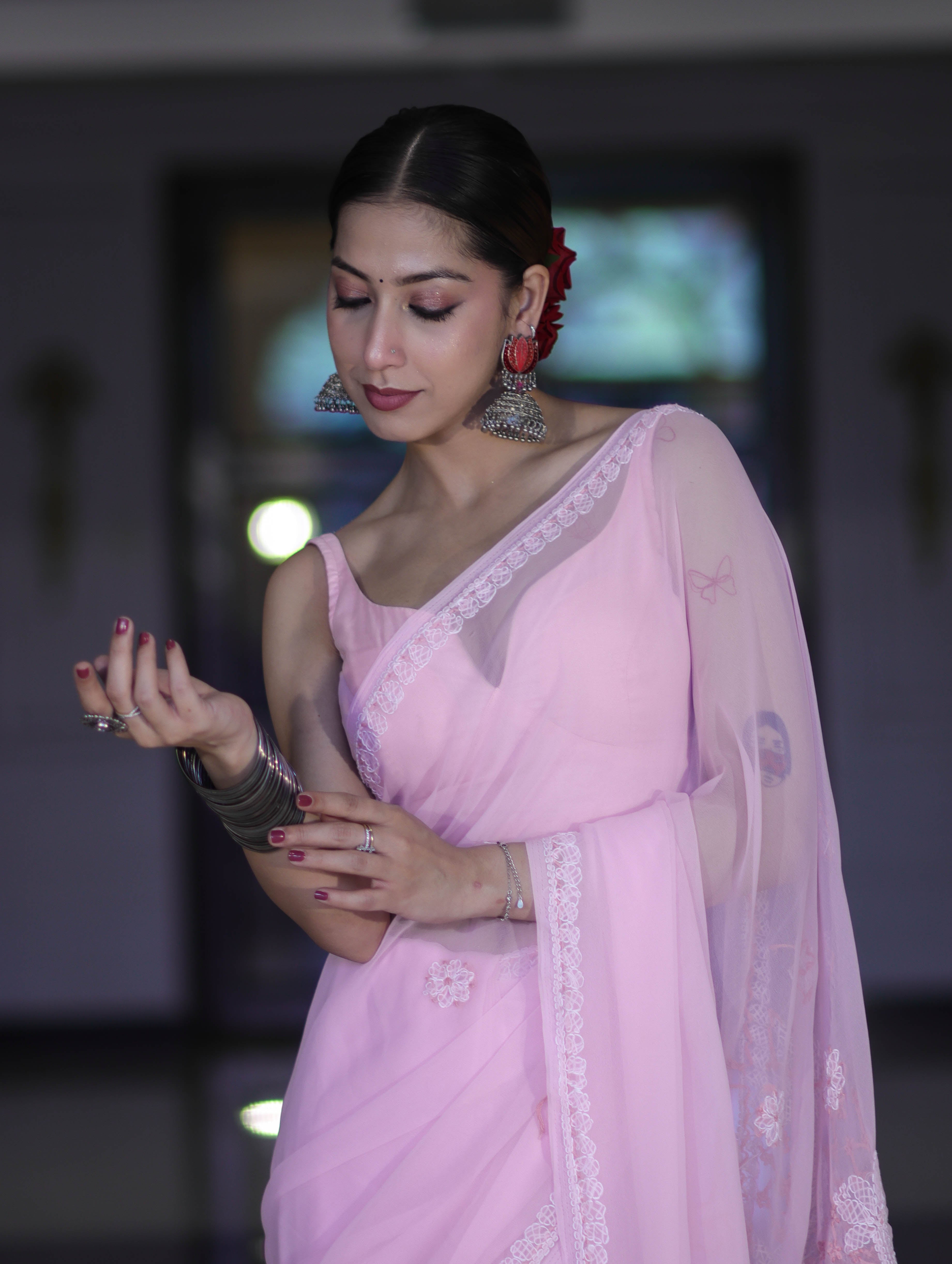 Banarasee Handwoven Georgette Saree With Chikankari Work-Light Pink