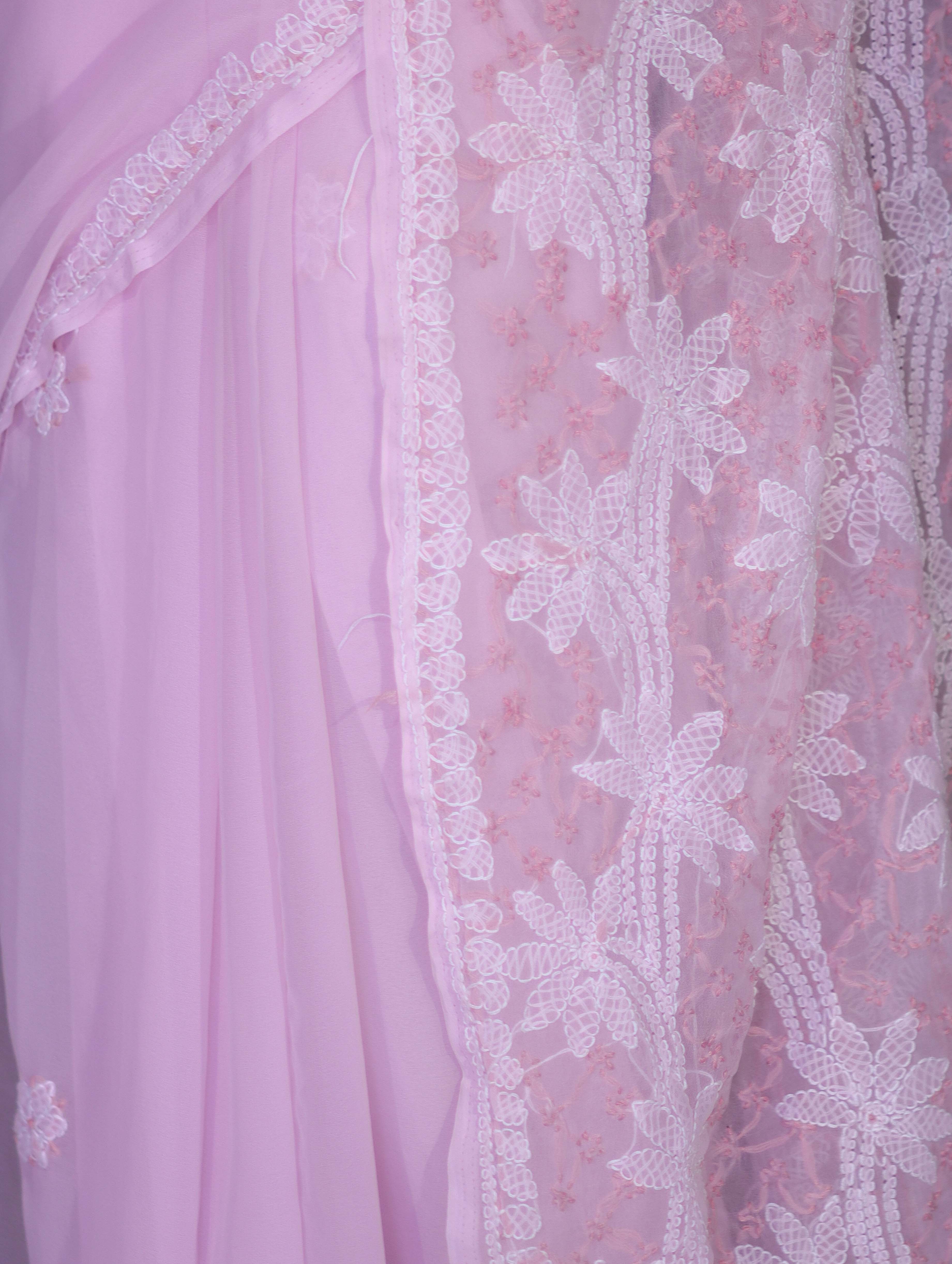 Banarasee Handwoven Georgette Saree With Chikankari Work-Light Pink