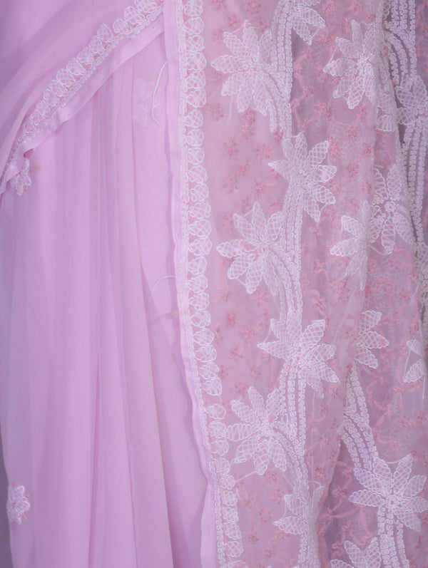 Banarasee Handwoven Georgette Saree With Chikankari Work-Light Pink