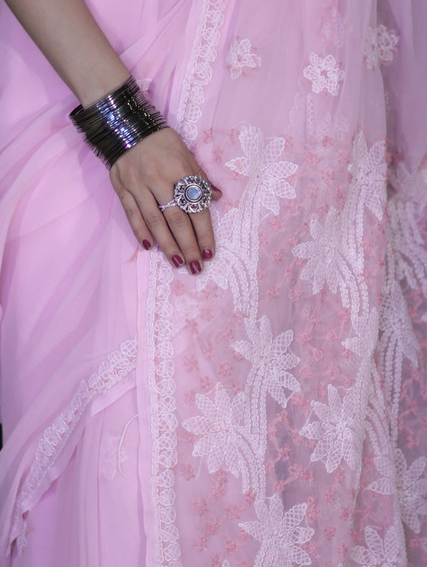 Banarasee Handwoven Georgette Saree With Chikankari Work-Light Pink