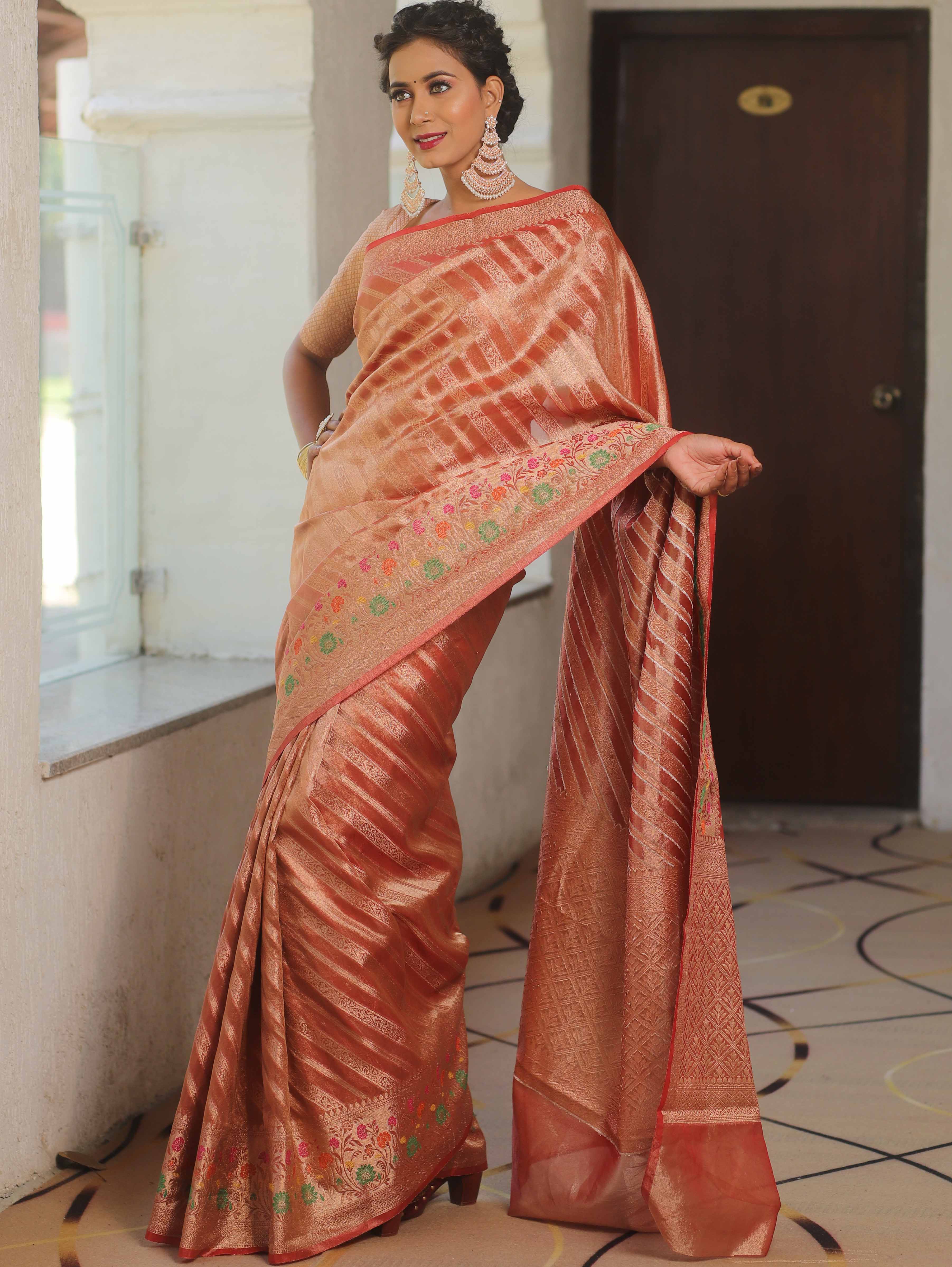 Banarasee Handwoven Tissue Saree With Meena Border Design-Rust