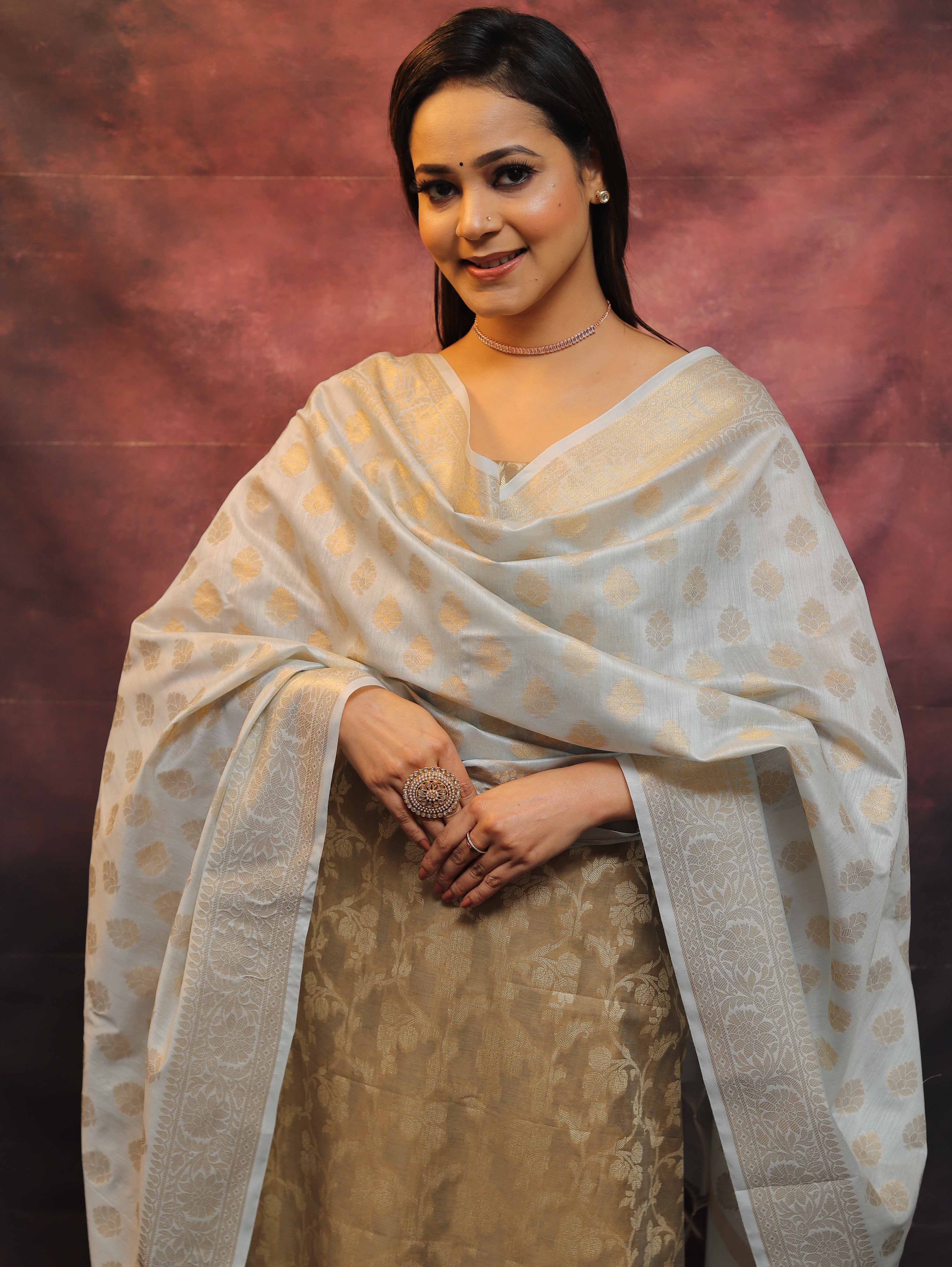 Banarasee Chanderi Cotton Salwar Kameez Set With Zari Work-Brown & Blue