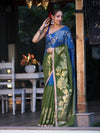 Banarasee Handloom Dual Color Cotton Silk Saree With Floral Zari Border & Lace-Blue & Green