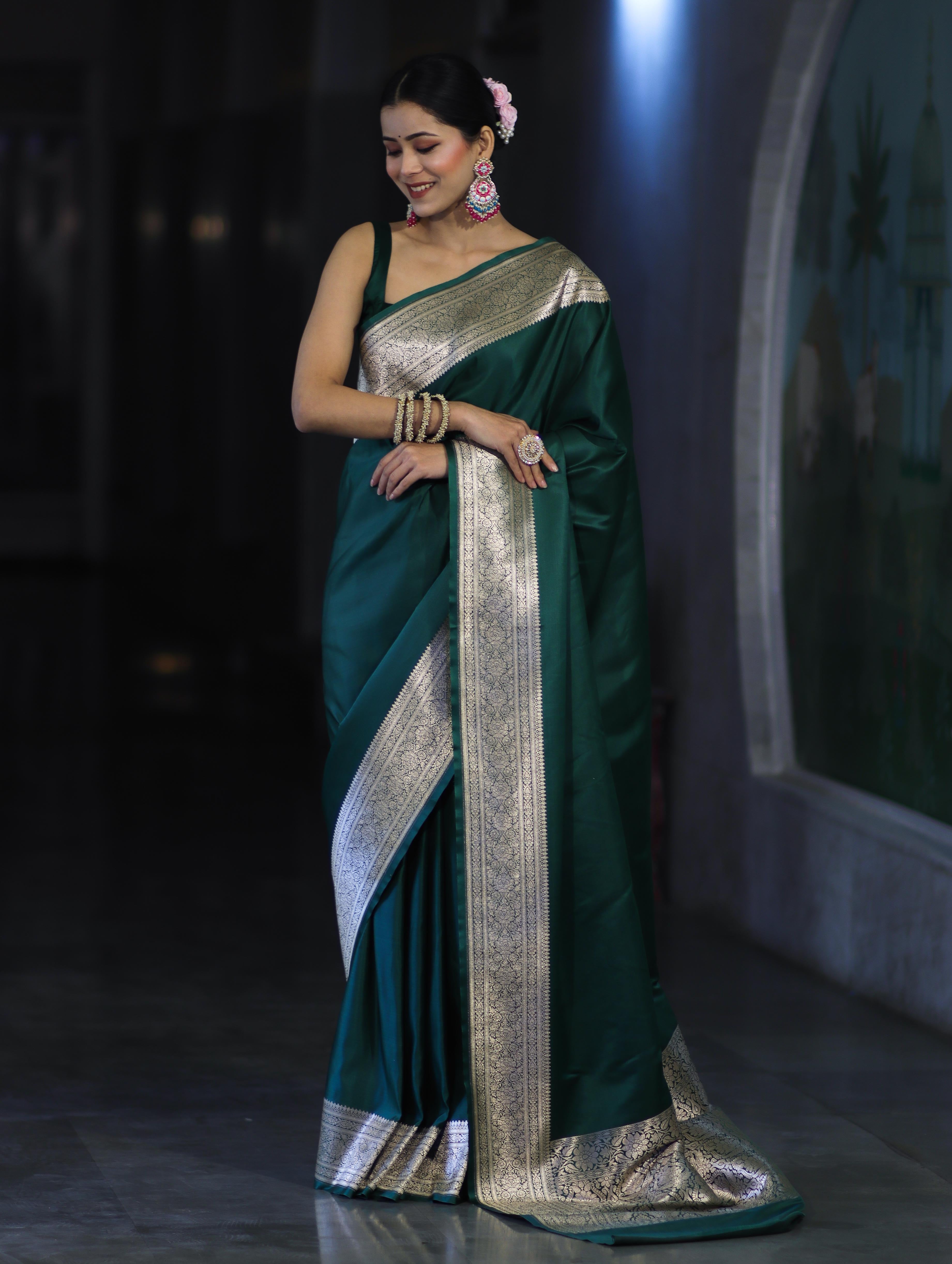Banarasee Handwoven Plain Semi Katan Saree With Broad Zari Border-Deep Green