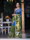 Banarasee Handloom Dual Color Cotton Silk Saree With Floral Zari Border & Lace-Blue & Green