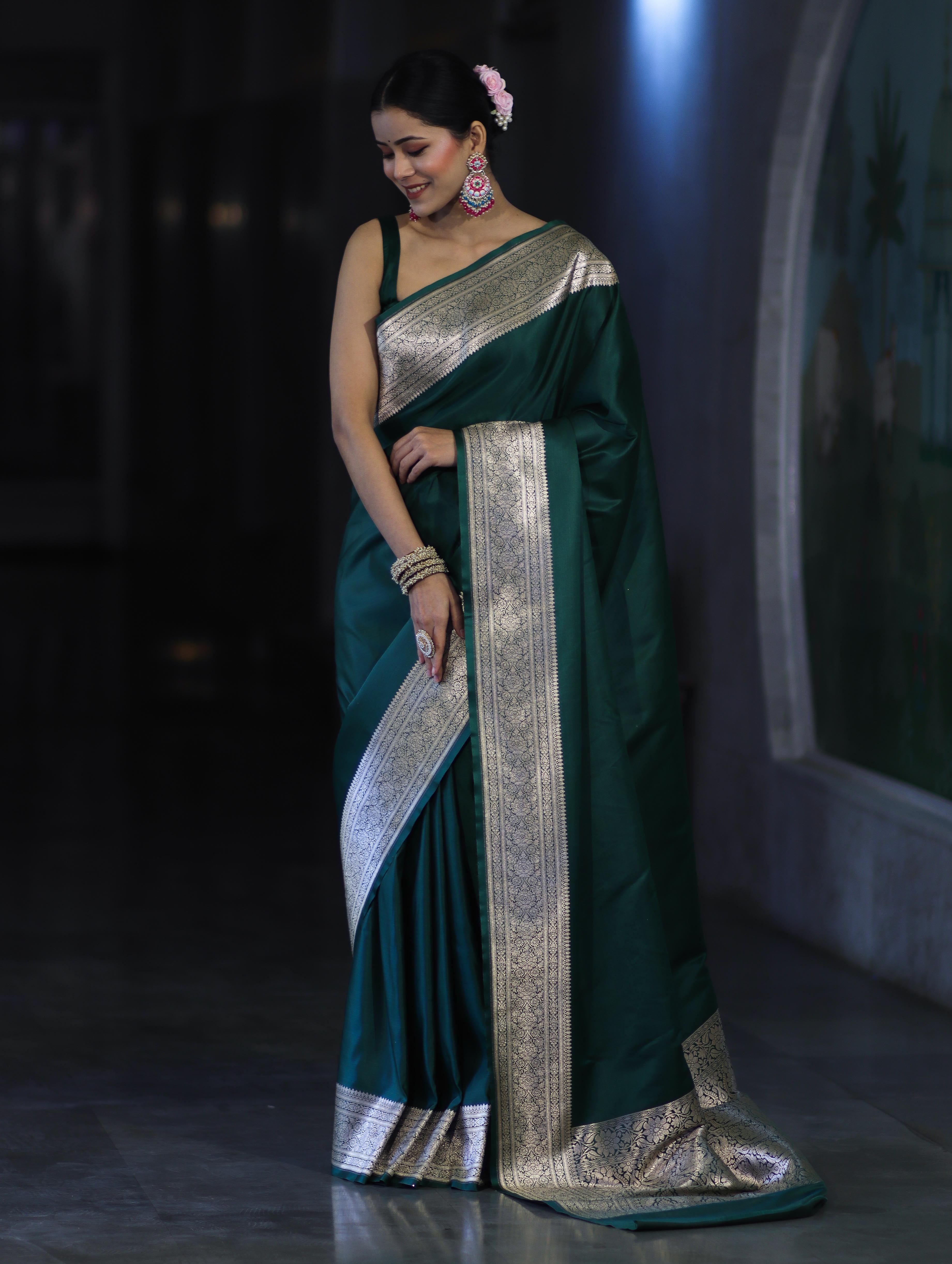 Banarasee Handwoven Plain Semi Katan Saree With Broad Zari Border-Deep Green