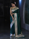 Banarasee Handwoven Plain Semi Katan Saree With Broad Zari Border-Deep Green