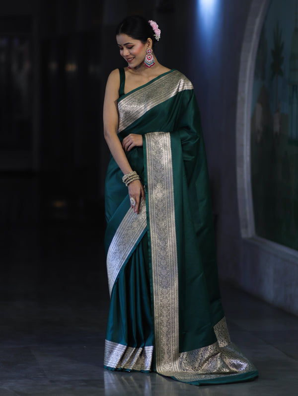 Banarasee Handwoven Plain Semi Katan Saree With Broad Zari Border-Deep Green