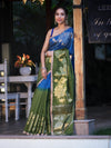 Banarasee Handloom Dual Color Cotton Silk Saree With Floral Zari Border & Lace-Blue & Green