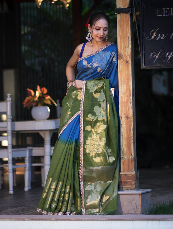 Banarasee Handloom Dual Color Cotton Silk Saree With Floral Zari Border & Lace-Blue & Green