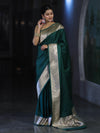 Banarasee Handwoven Plain Semi Katan Saree With Broad Zari Border-Deep Green