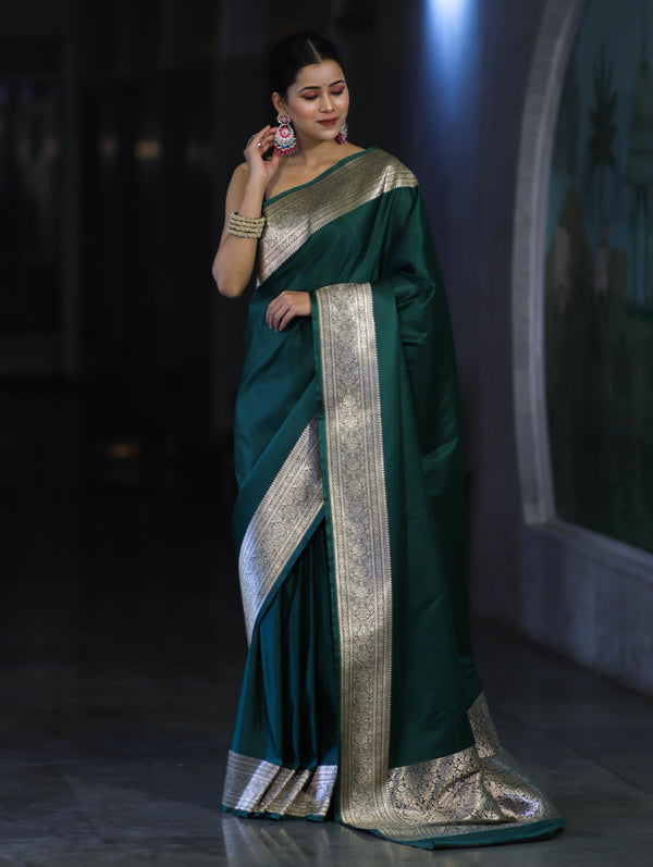 Banarasee Handwoven Plain Semi Katan Saree With Broad Zari Border-Deep Green