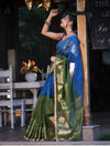 Banarasee Handloom Dual Color Cotton Silk Saree With Floral Zari Border & Lace-Blue & Green