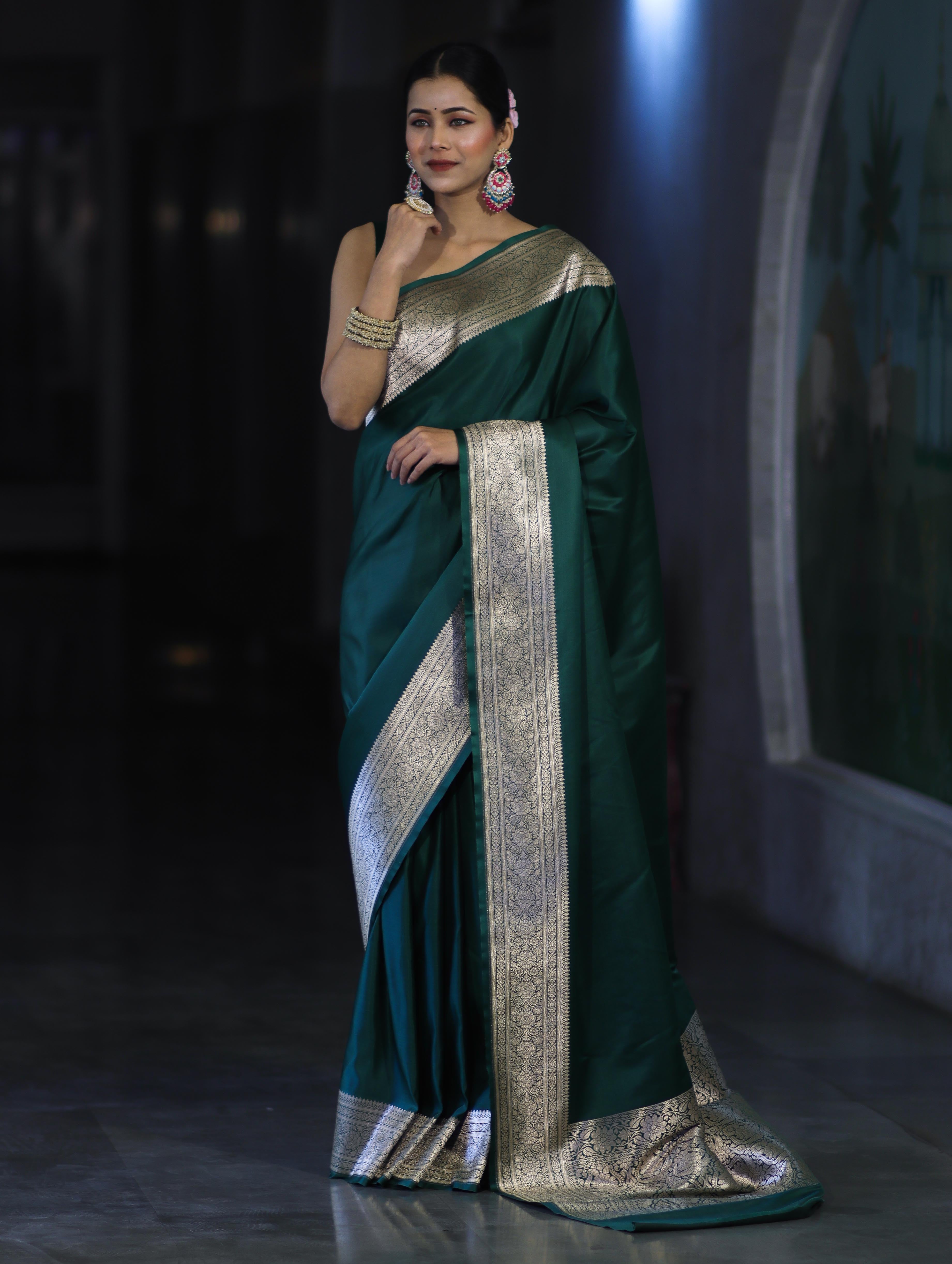 Banarasee Handwoven Plain Semi Katan Saree With Broad Zari Border-Deep Green