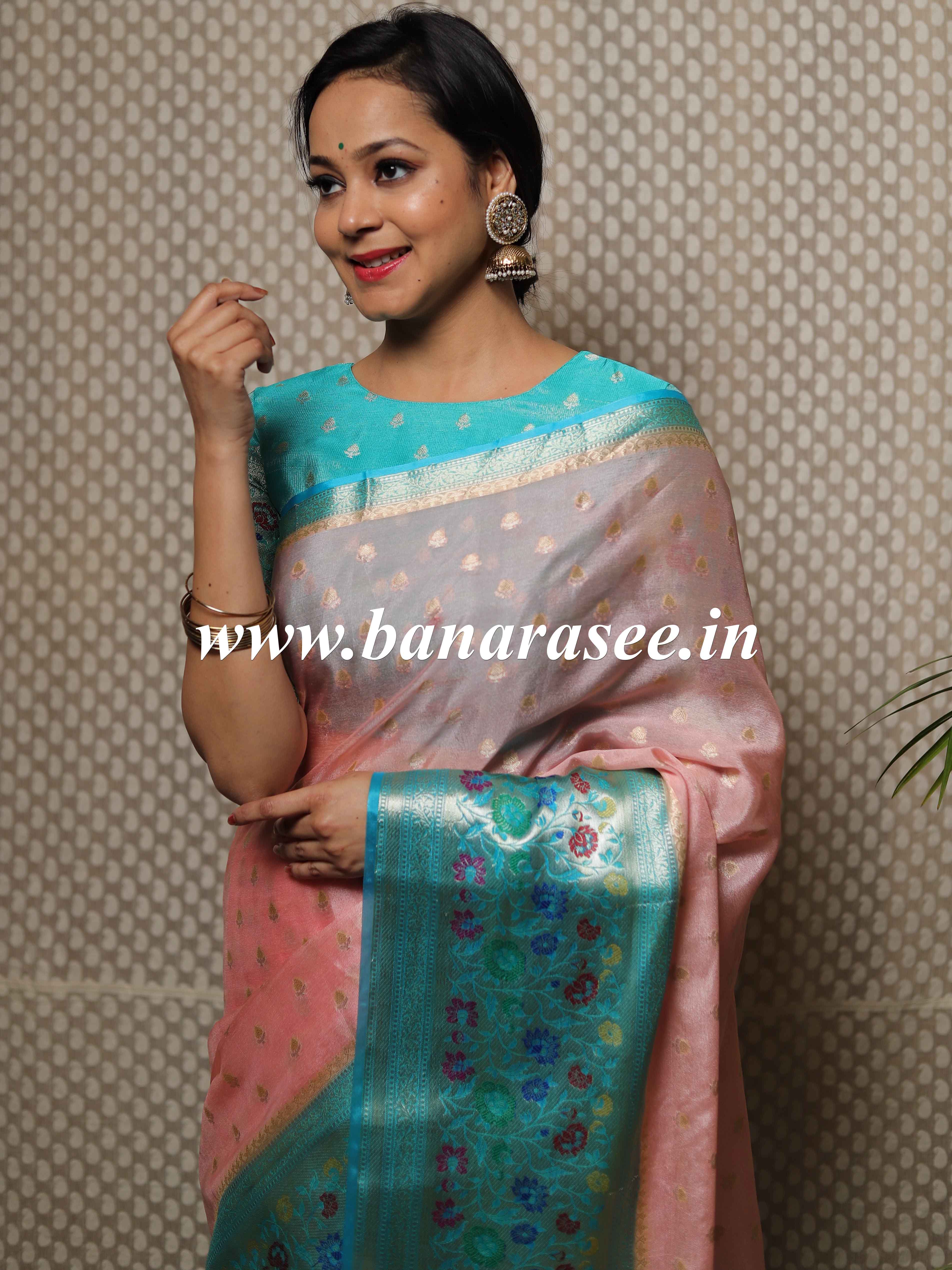 Banarasee Handwoven Semi Silk Saree With Meena Border Design-Peach & Green