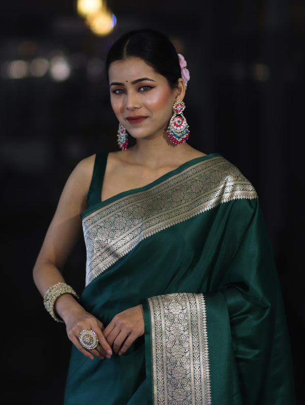 Banarasee Handwoven Plain Semi Katan Saree With Broad Zari Border-Deep Green