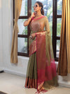 Banarasee Handloom Tissue Saree With Contrast Tanchoi Border-Green & Pink