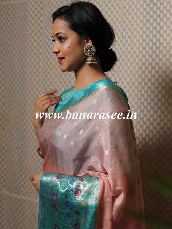 Banarasee Handwoven Semi Silk Saree With Meena Border Design-Peach & Green