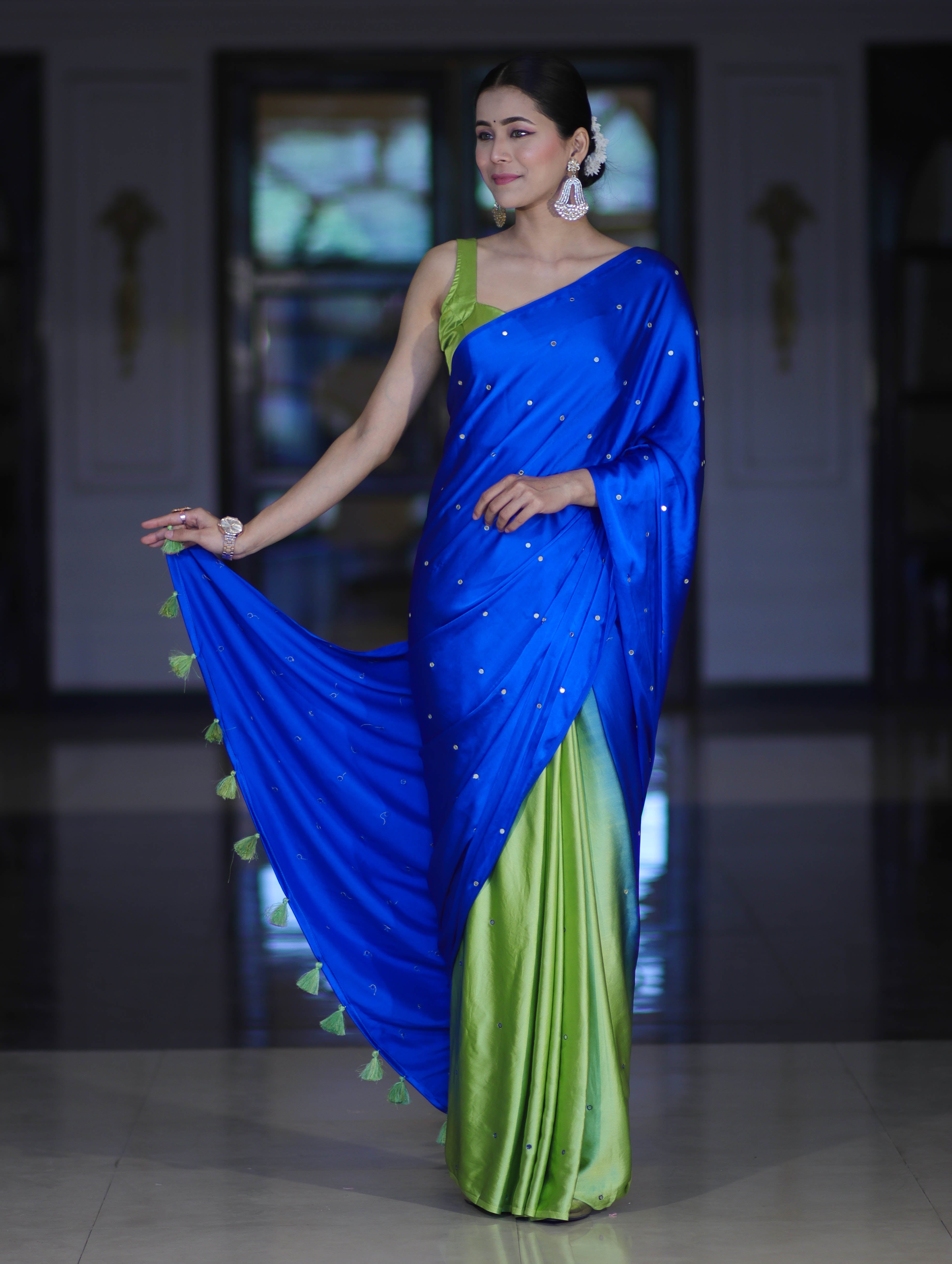 Banarasee Handloom Satin Hand Dyed Saree With Mirror Work-Blue & Green