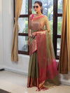 Banarasee Handloom Tissue Saree With Contrast Tanchoi Border-Green & Pink