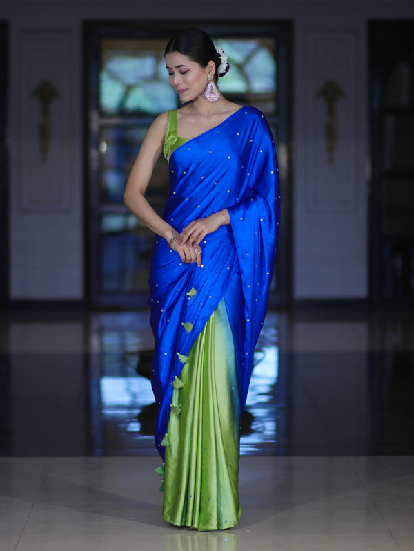 Banarasee Handloom Satin Hand Dyed Saree With Mirror Work-Blue & Green
