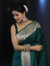 Banarasee Handwoven Plain Semi Katan Saree With Broad Zari Border-Deep Green