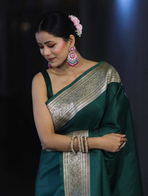 Banarasee Handwoven Plain Semi Katan Saree With Broad Zari Border-Deep Green