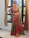Banarasee Handloom Tissue Saree With Contrast Tanchoi Border-Green & Pink
